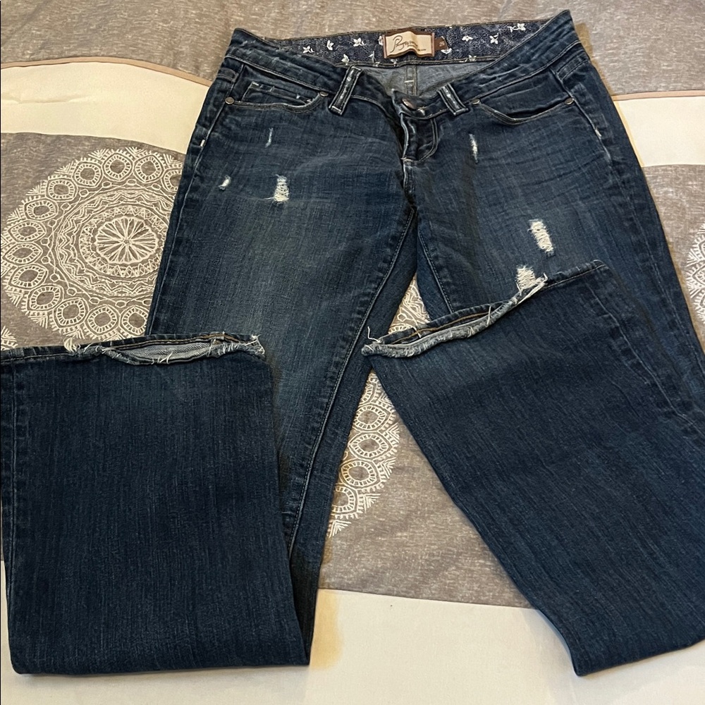 PAIGE Dark Blue Distressed Boot Cut Jeans